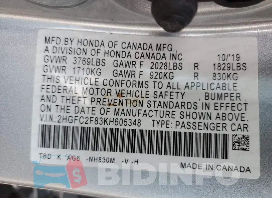 2HGFC2F83KH605348 Photo# 12