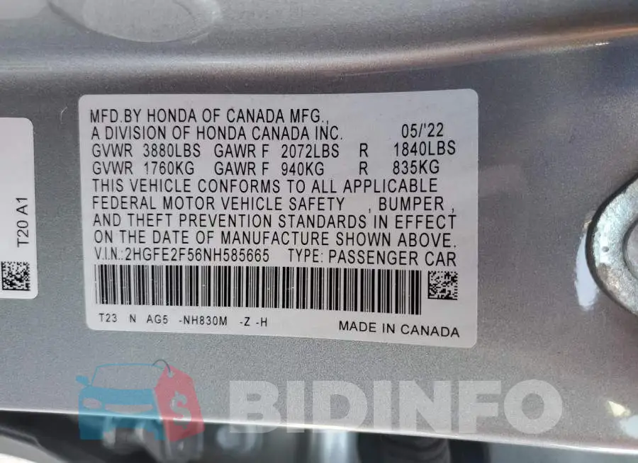 2HGFE2F56NH585665 Photo# 12