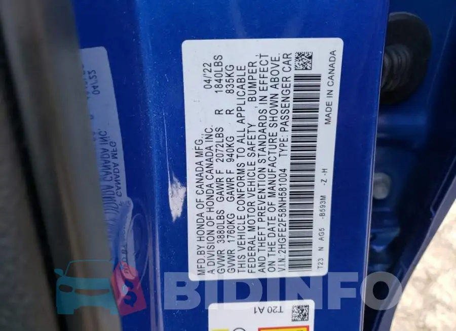 2HGFE2F58NH581004 Photo# 12