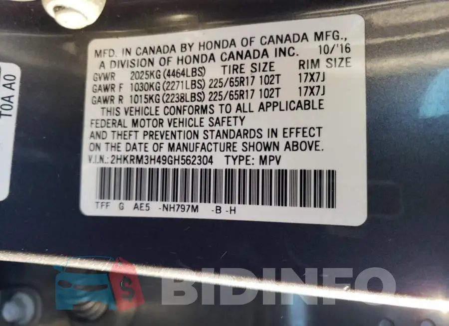 2HKRM3H49GH562304 Photo# 12
