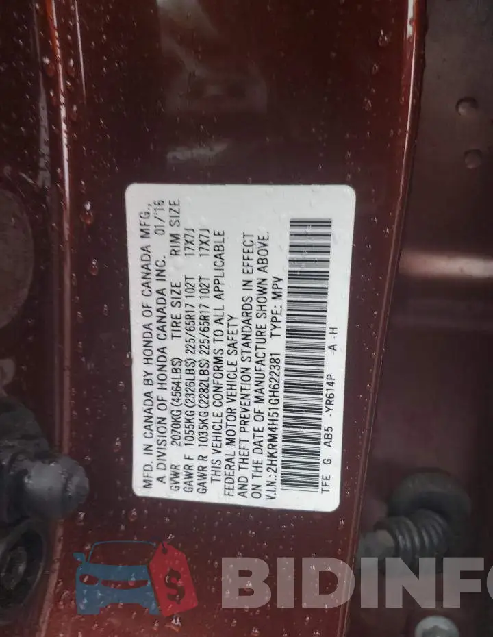 2HKRM4H51GH622381 Photo# 12