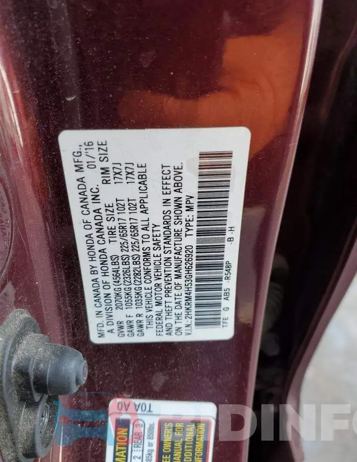2HKRM4H53GH626920 Photo# 13