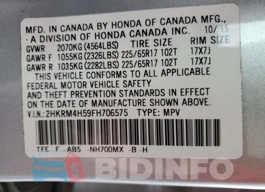 2HKRM4H59FH706575 Photo# 13