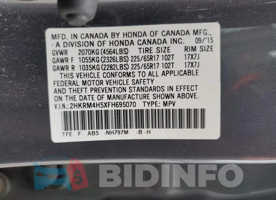 2HKRM4H5XFH695070 Photo# 14