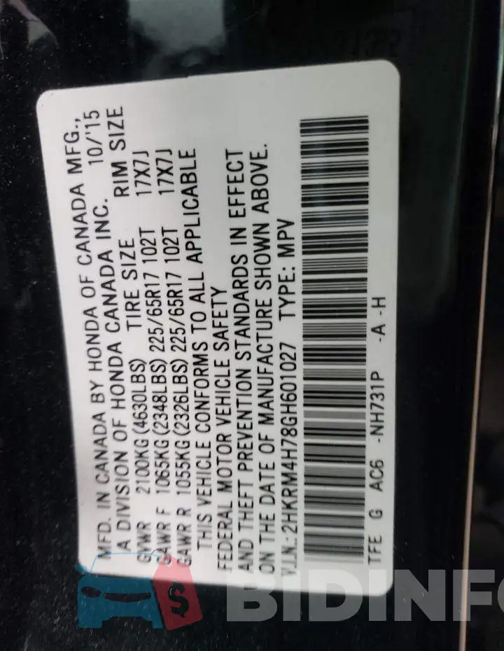 2HKRM4H78GH601027 Photo# 14