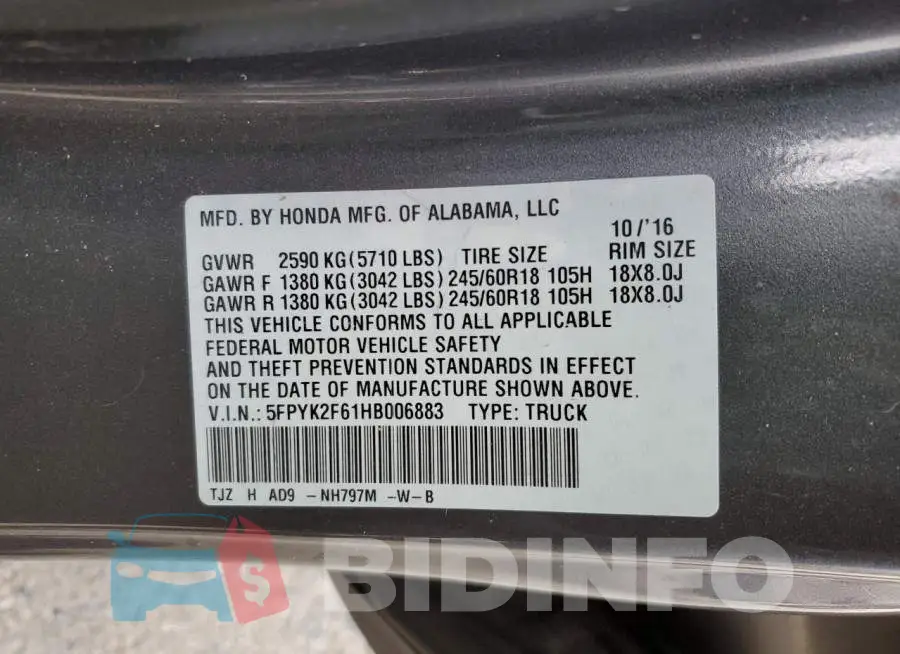 5FPYK2F61HB006883 Photo# 12