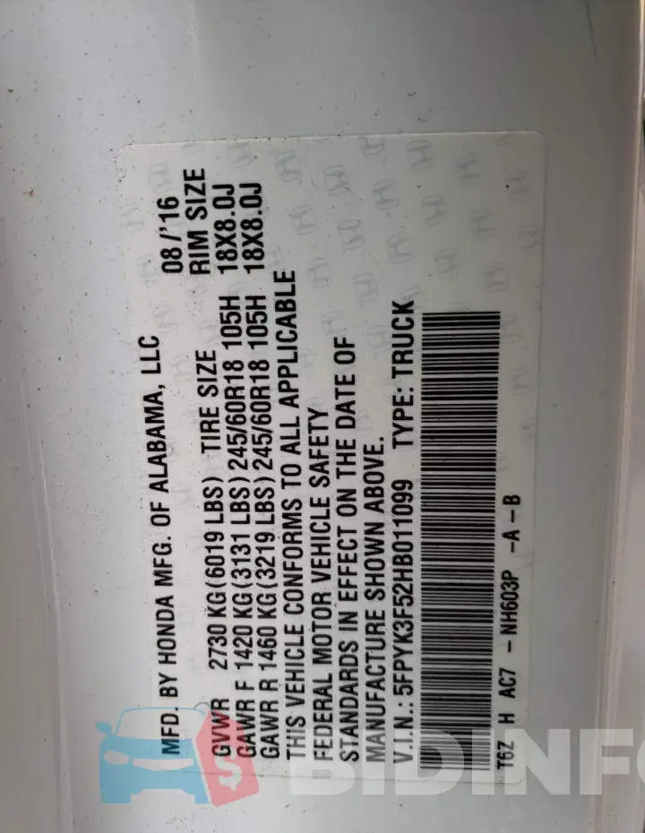 5FPYK3F52HB011099 Photo# 12