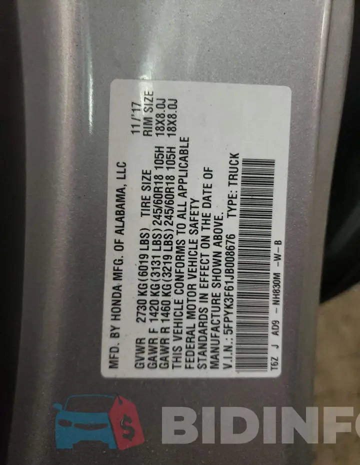 5FPYK3F61JB008676 Photo# 12