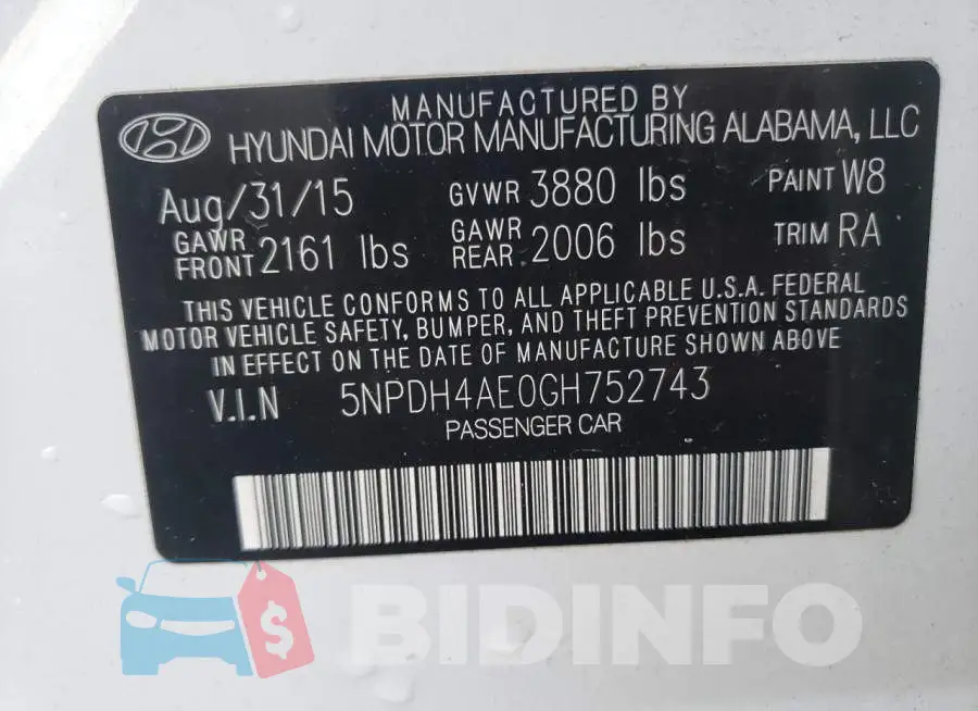 5NPDH4AE0GH752743 Photo# 13