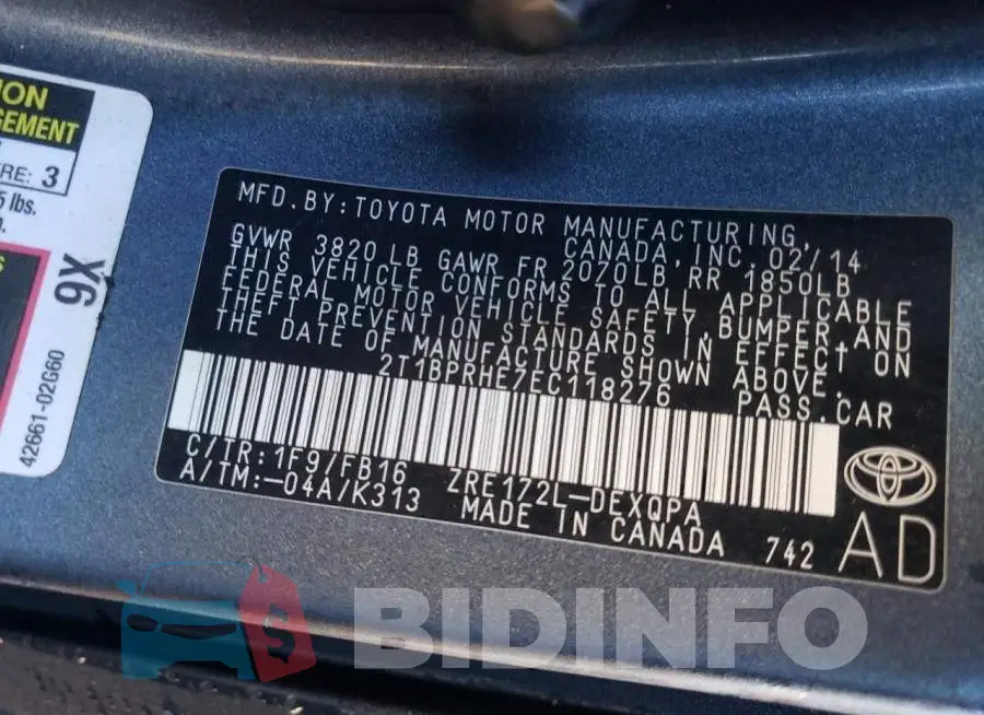 2T1BPRHE7EC118276 Photo# 12