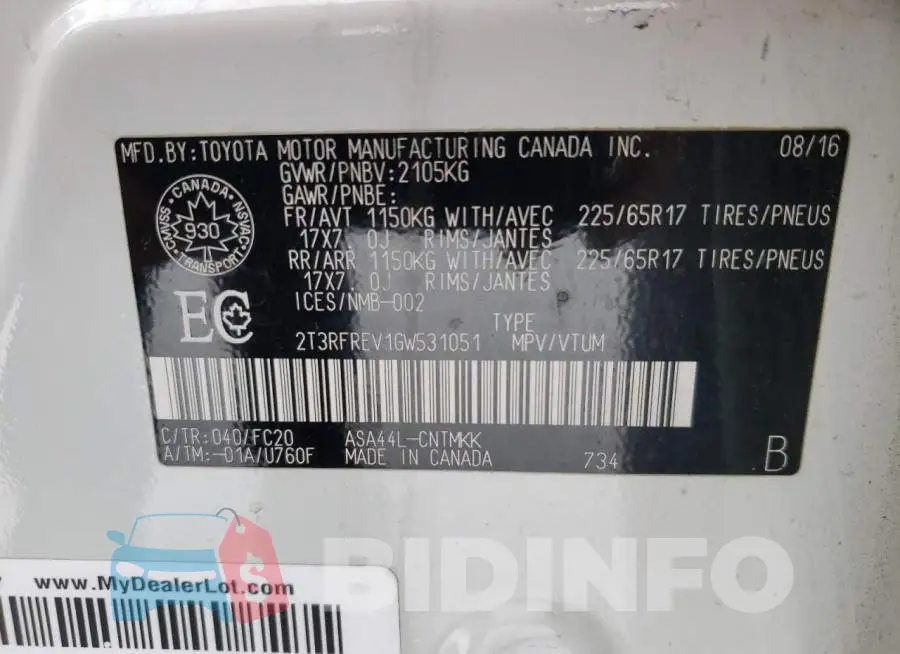 2T3RFREV1GW531051 Photo# 13