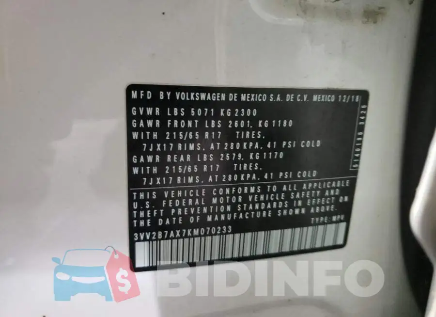 3VV2B7AX7KM070233 Photo# 13