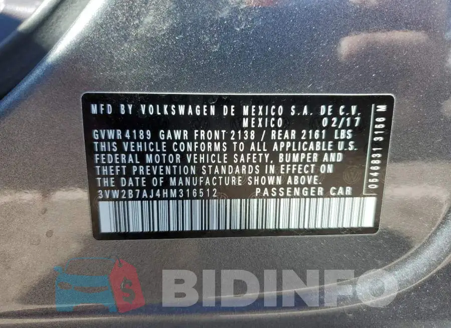 3VW2B7AJ4HM316512 Photo# 12