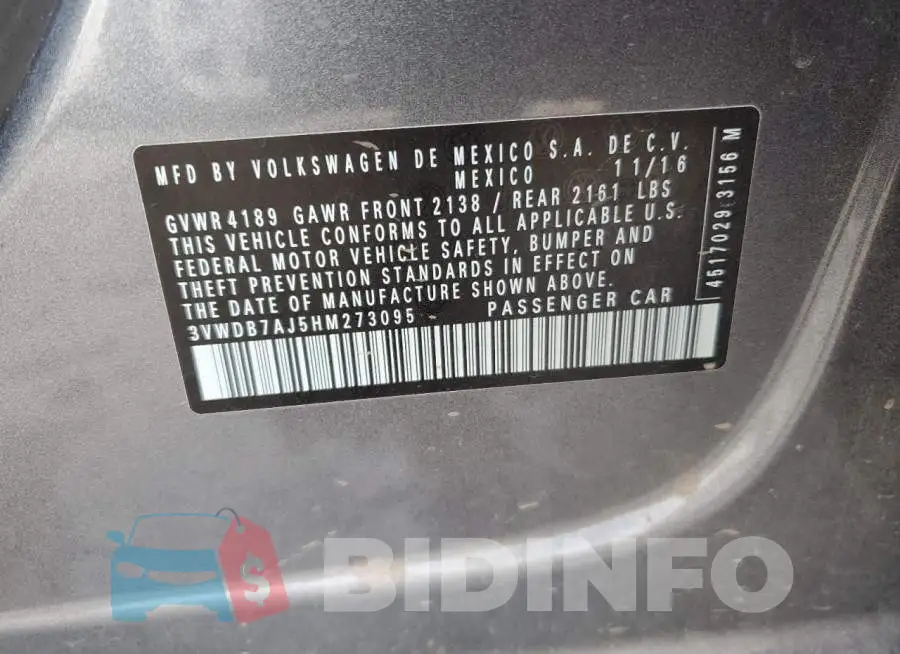 3VWDB7AJ5HM273095 Photo# 12