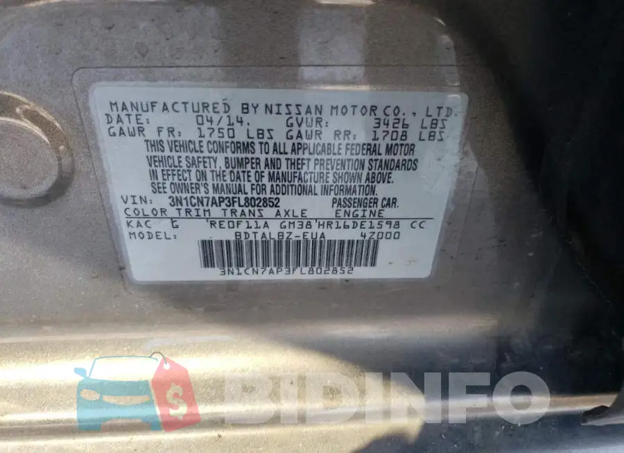 3N1CN7AP3FL802852 Photo# 12