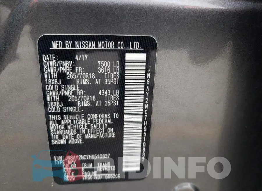 JN8AY2NC7H9510837 Photo# 13