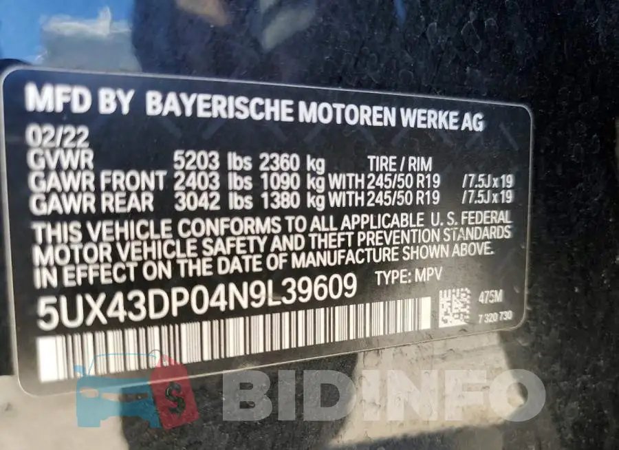 5UX43DP04N9L39609 Photo# 13