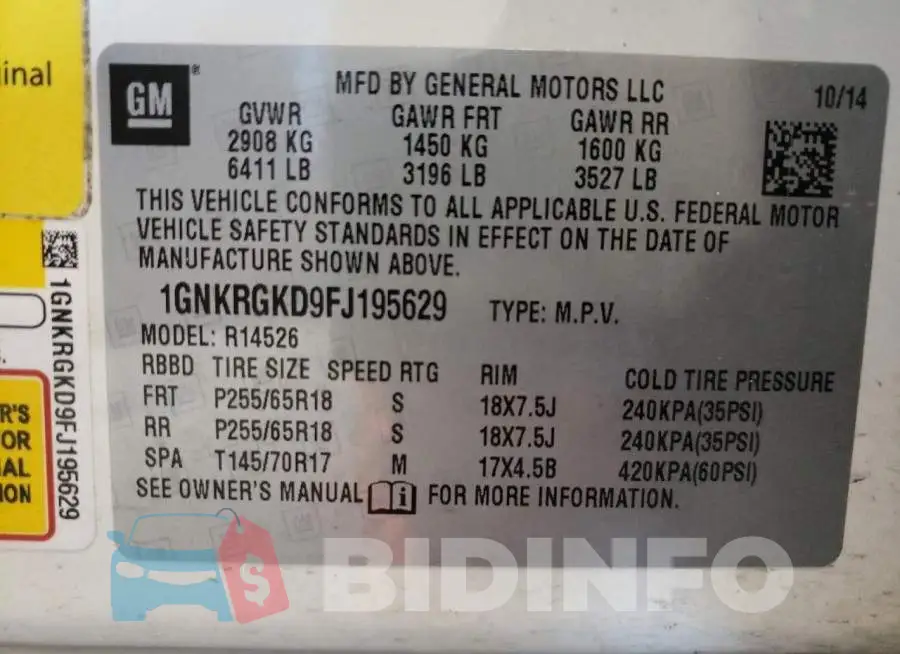 1GNKRGKD9FJ195629 Photo# 14