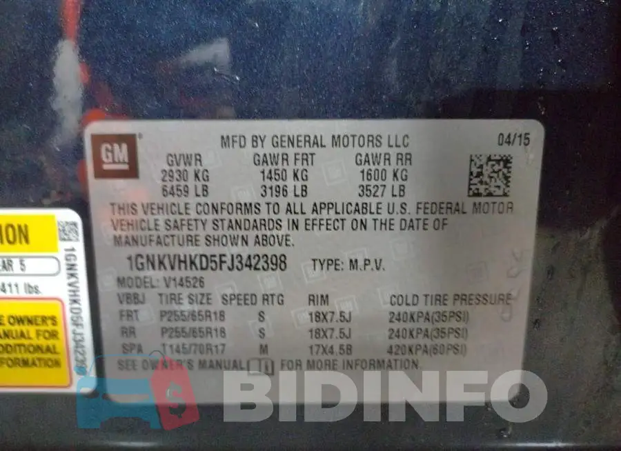 1GNKVHKD5FJ342398 Photo# 14
