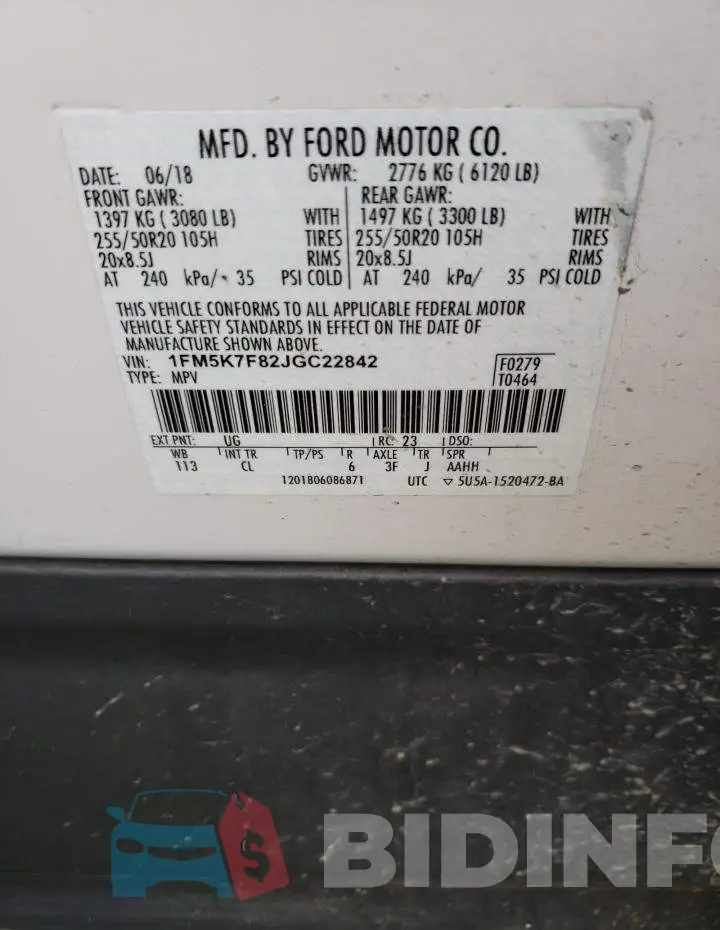 1FM5K7F82JGC22842 Photo# 14