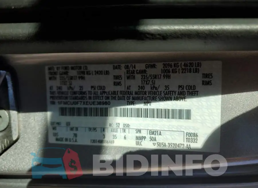 1FMCU0F7XEUE38980 Photo# 13