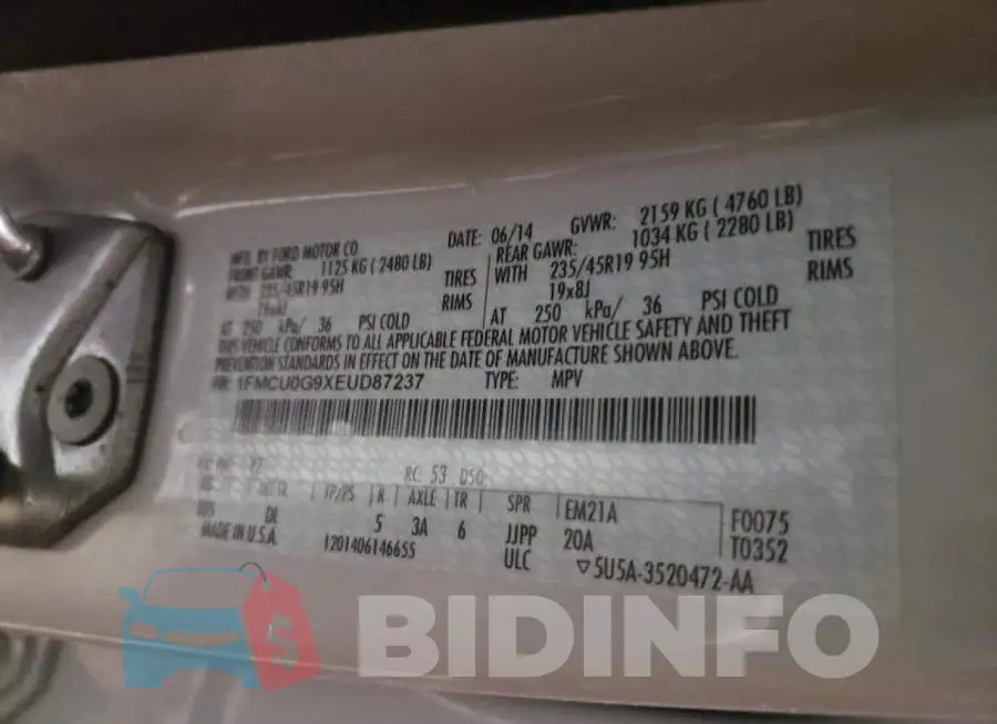 1FMCU0G9XEUD87237 Photo# 12