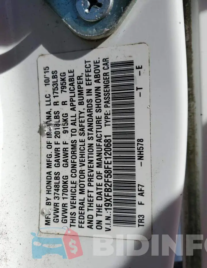 19XFB2F58FE120681 Photo# 12
