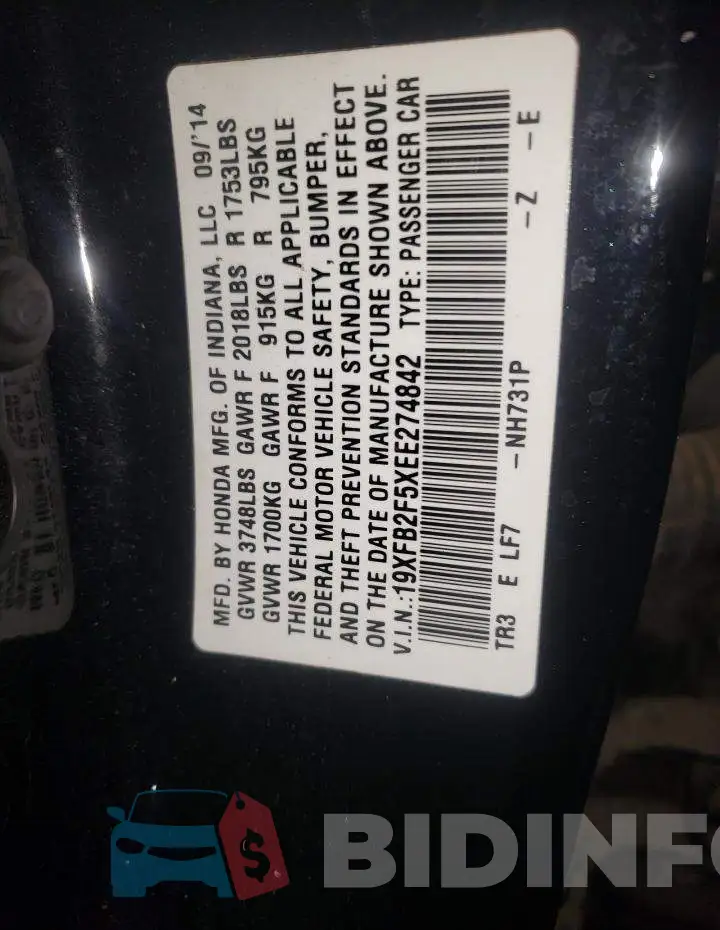 19XFB2F5XEE274842 Photo# 13