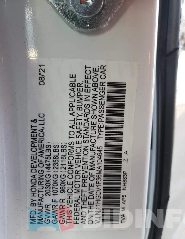 1HGCV1F36MA104645 Photo# 12