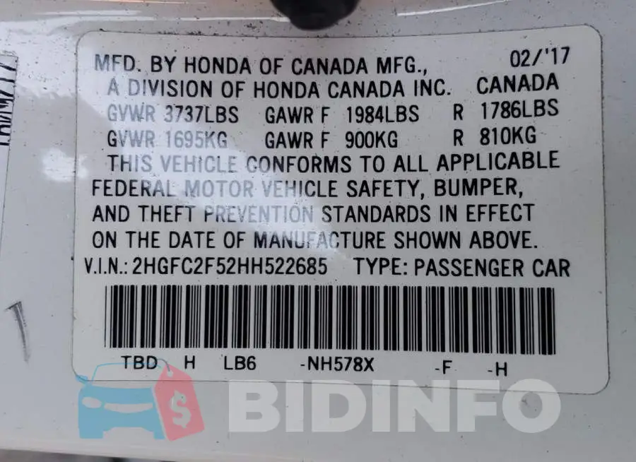 2HGFC2F52HH522685 Photo# 13