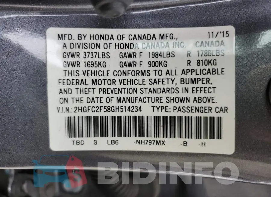 2HGFC2F58GH514234 Photo# 12