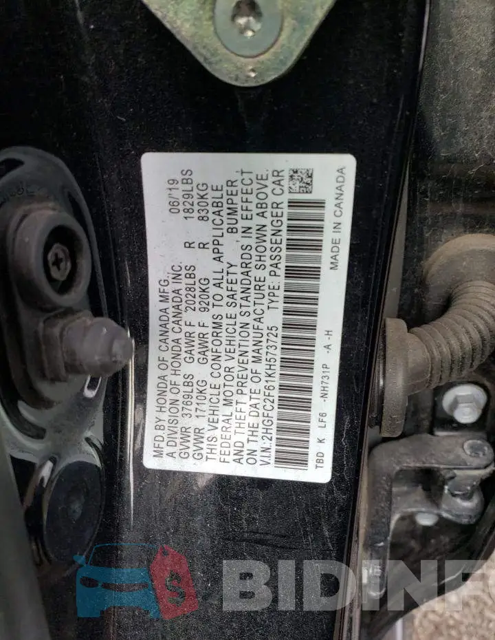 2HGFC2F61KH573725 Photo# 12