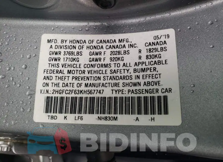 2HGFC2F63KH567747 Photo# 13