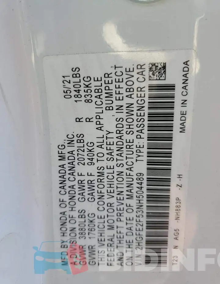 2HGFE2F53NH504489 Photo# 12