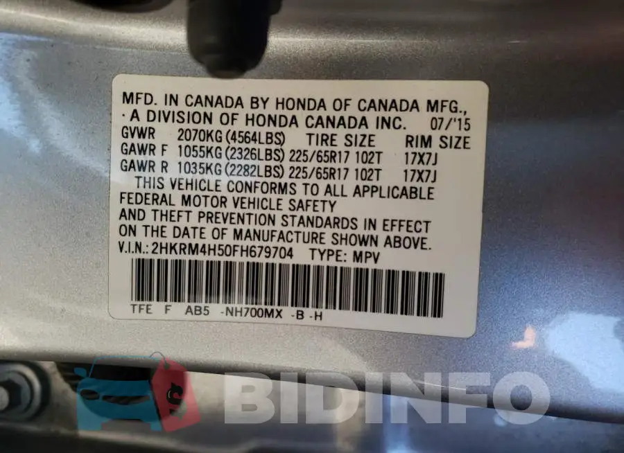 2HKRM4H50FH679704 Photo# 12