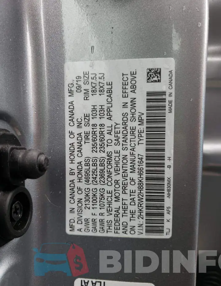 2HKRW2H88KH661647 Photo# 13