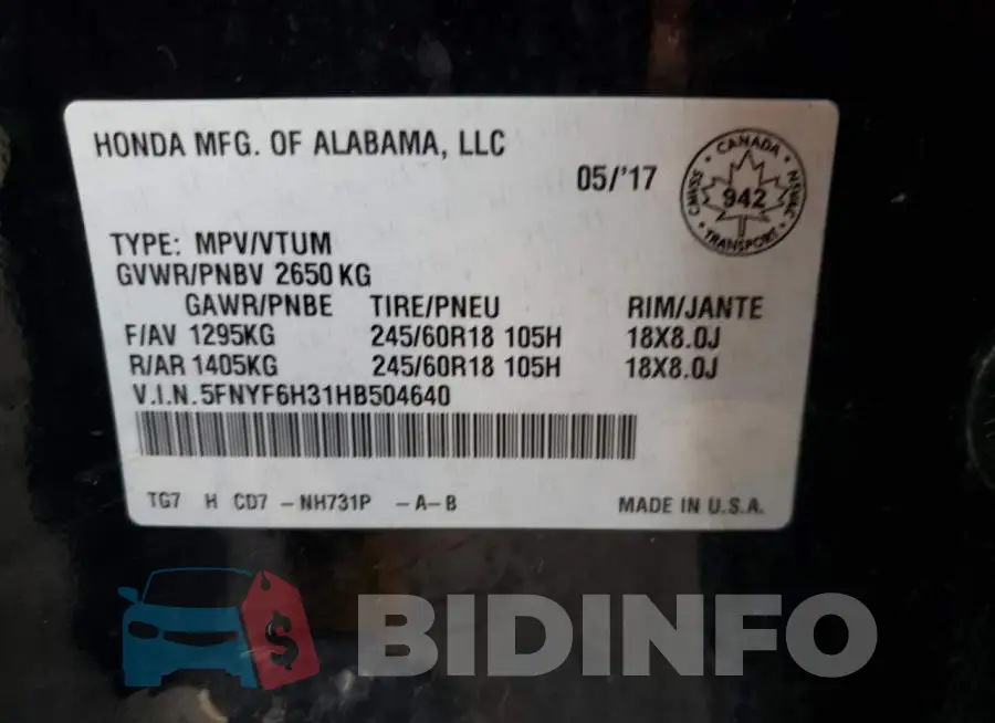 5FNYF6H31HB504640 Photo# 13