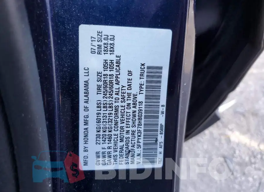 5FPYK3F78HB039118 Photo# 12