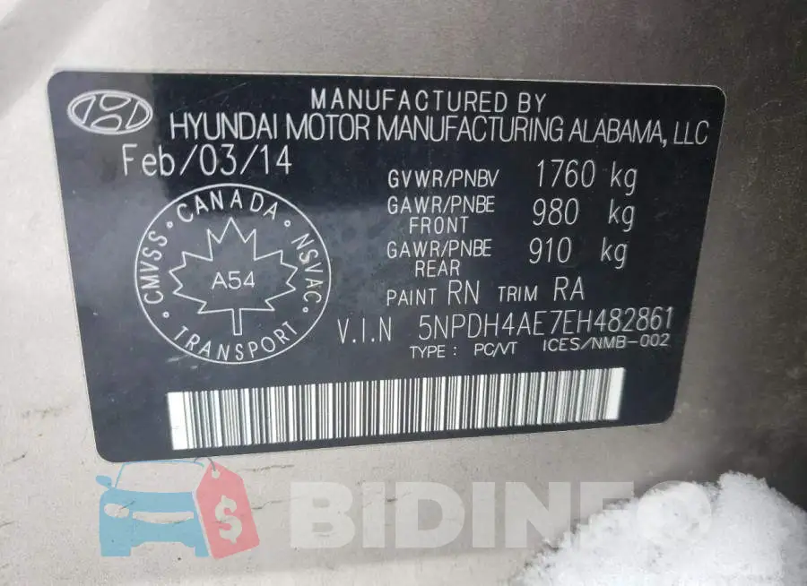 5NPDH4AE7EH482861 Photo# 13