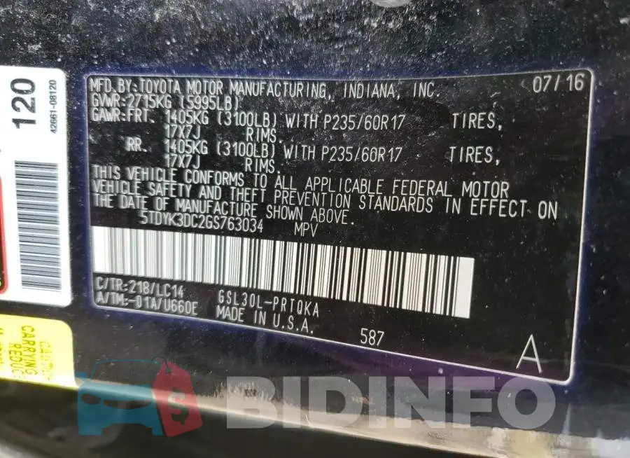 5TDYK3DC2GS763034 Photo# 13