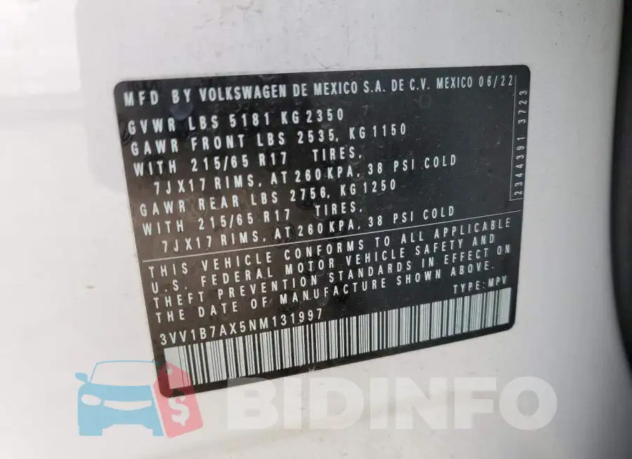 3VV1B7AX5NM131997 Photo# 13
