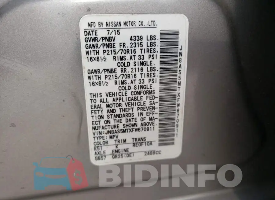 JN8AS5MTXFW670911 Photo# 14