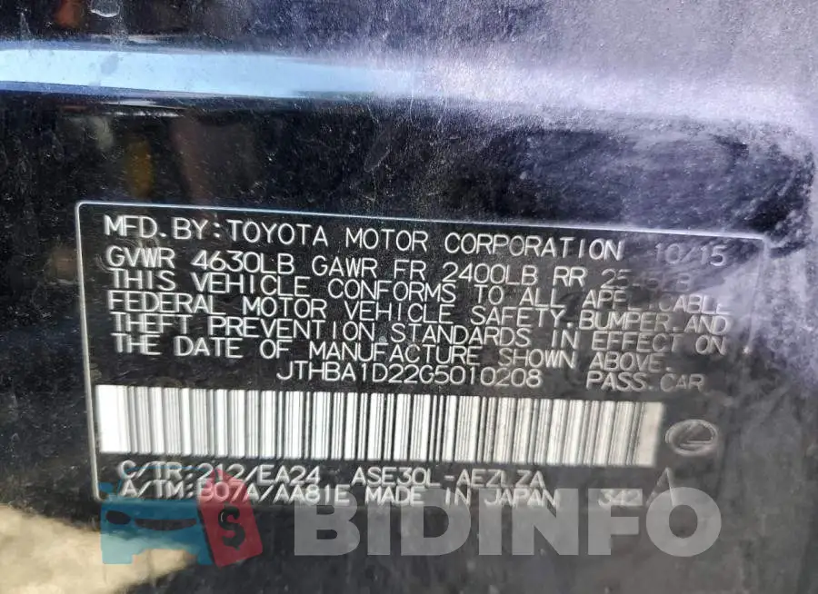 JTHBA1D22G5010208 Photo# 12