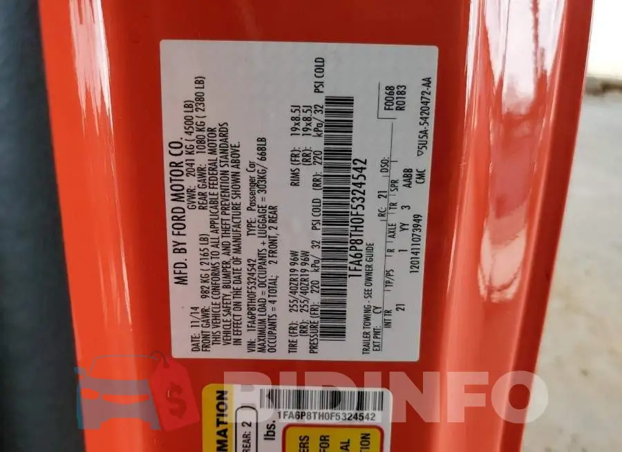 1FA6P8TH0F5324542 Photo# 12