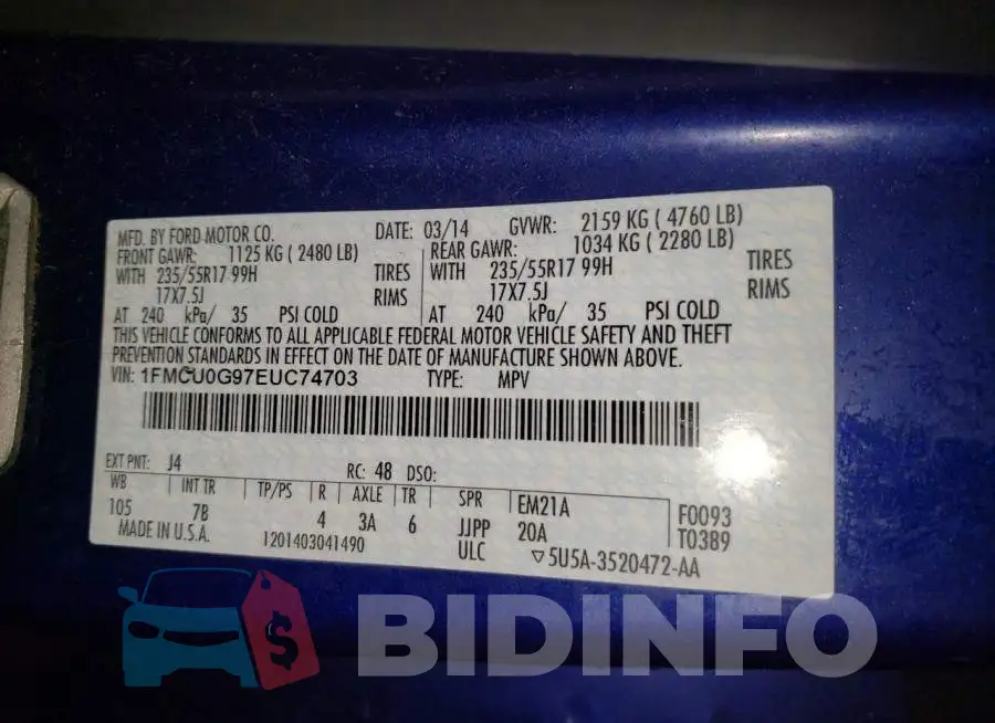 1FMCU0G97EUC74703 Photo# 13