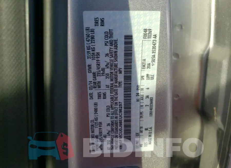 1FMCU0J98EUC98257 Photo# 12