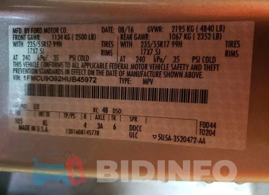 1FMCU9G92HUB45972 Photo# 13