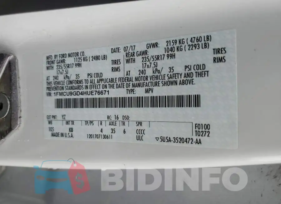 1FMCU9GD4HUE76671 Photo# 14