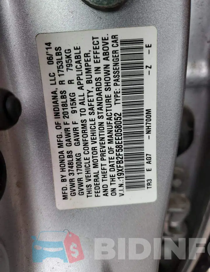 19XFB2F58EE058052 Photo# 12