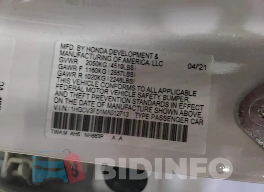 1HGCV3F51MA012713 Photo# 12